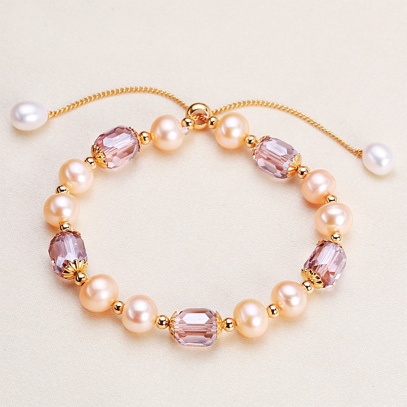 Natural Freshwater Pearl Bracelet Sweet Luxury Adjustable Purple Quartz Drawstring Small Luxury Geometric Pattern Women's Bracelet