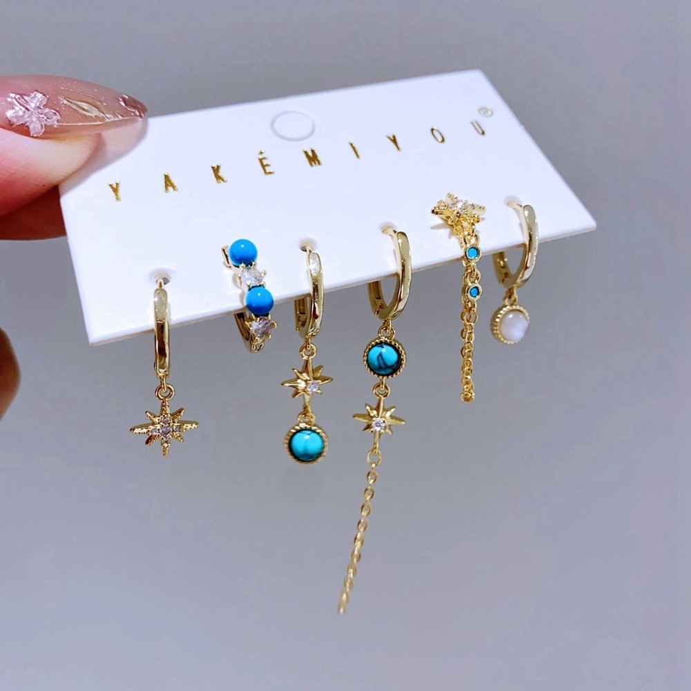 Turquoise Star Chain Earrings Set Geometric Rose Gold Plated Copper Women's Jewelry Accessories