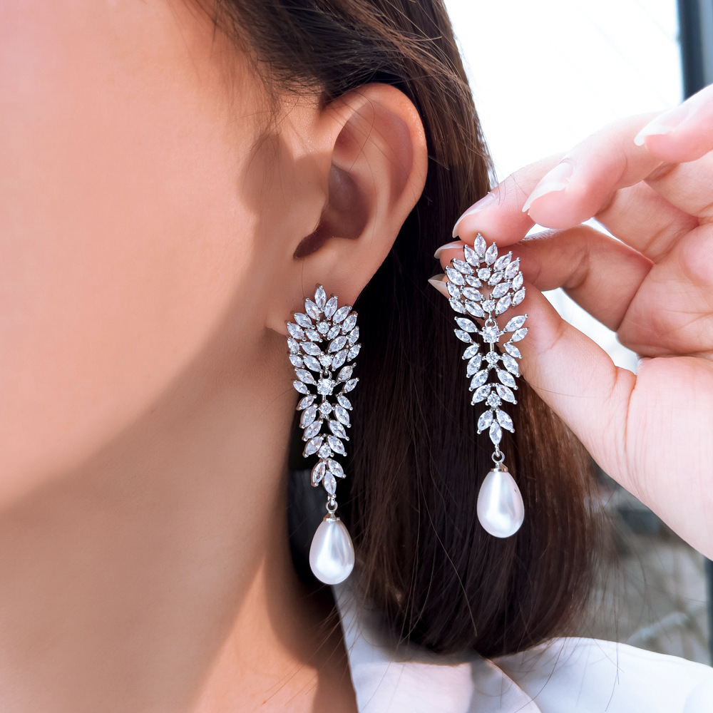 Elegant Long Pearl Drop Earrings With Sparkling Zircon Copper Design Wedding Party Date Festival Fashion Jewelry Accessories