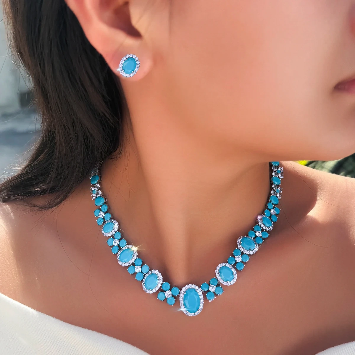 Water Plated White Gold Copper Material Inlaid Blue Turquoise/Zircon Women's Wedding Necklace Earring Set Two-Piece Set Palladium Plated