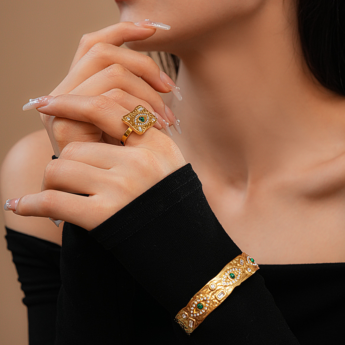 Graceful Turquoise Eye-shaped Open Ring Bracelet For Women Vintage Court Style Geometric Pattern 304 Stainless Steel Inlaid Diamond Hand Jewelry