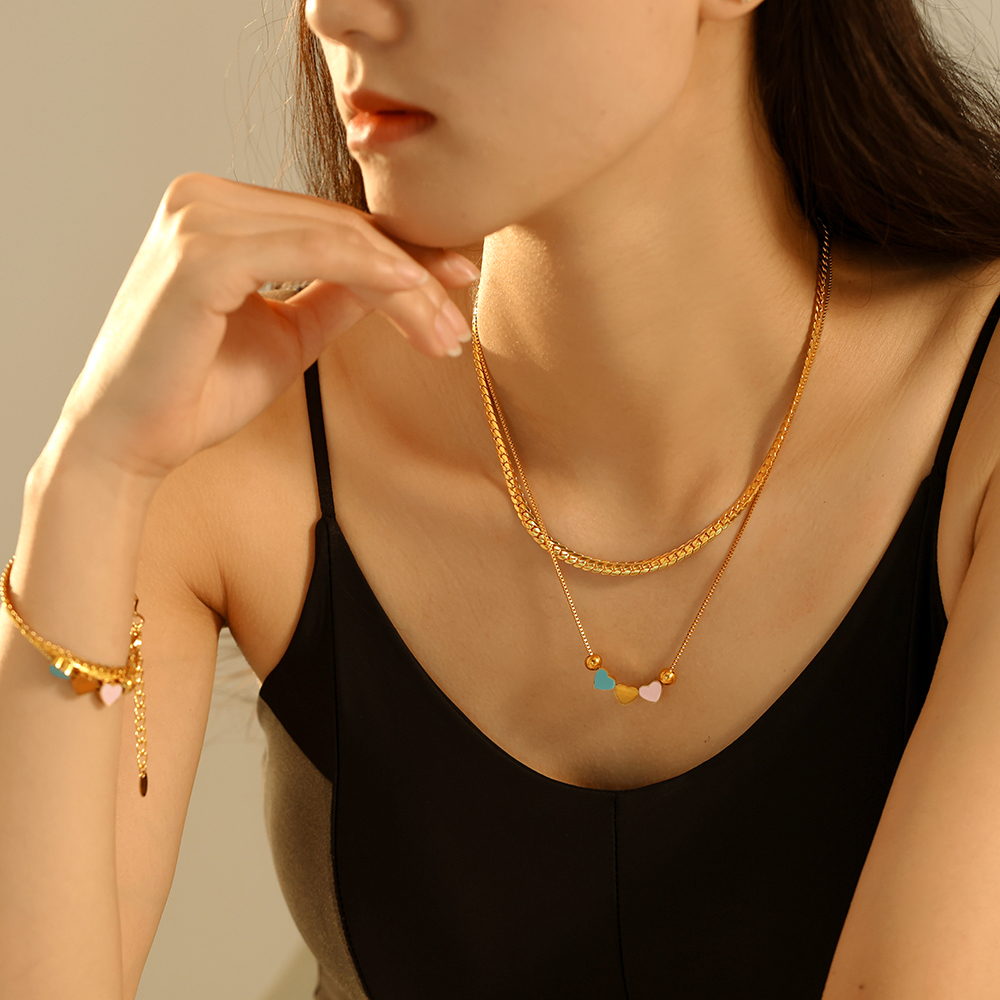 304 Stainless Steel Heart Shape PVD Coated Real Gold Plated Retro Vacation Waterproof Non Tarnish Enamel Bracelets Necklace