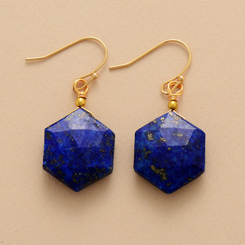 New Premium Natural Stone Amethyst Lapis Lazuli Hexagonal Pendant Earrings  Popular Crystal Jewelry Accessories