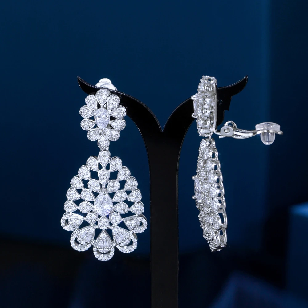 Fashion White Cubic Zirconia Clip-On Earrings Suitable For Wedding Party Bride Long Dangling Non-Pierced Earrings For Women