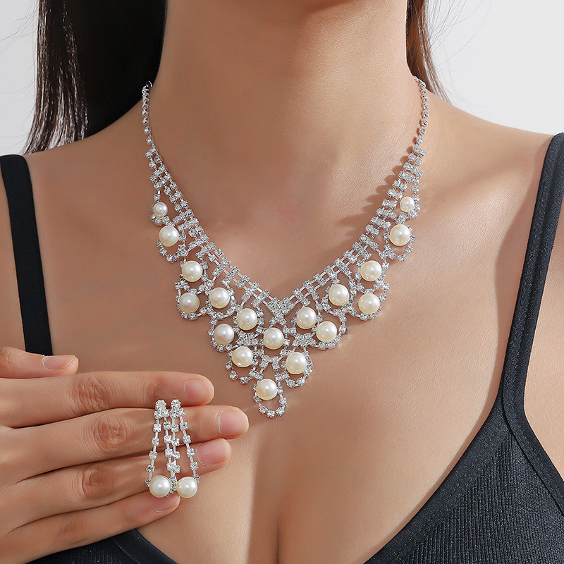 Pearl Rhinestone Necklace Earrings Set Ball Shape Dress Chain Polyester Material Printed Pendant Women Jewelry Accessories