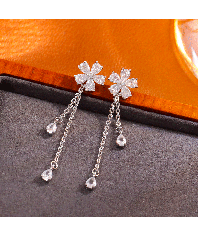 New Luxury Commuter Zircon Flower Earrings Fashionable Elegant Tassel Waterdrop High-End Feelings Women's Jewelry Accessories