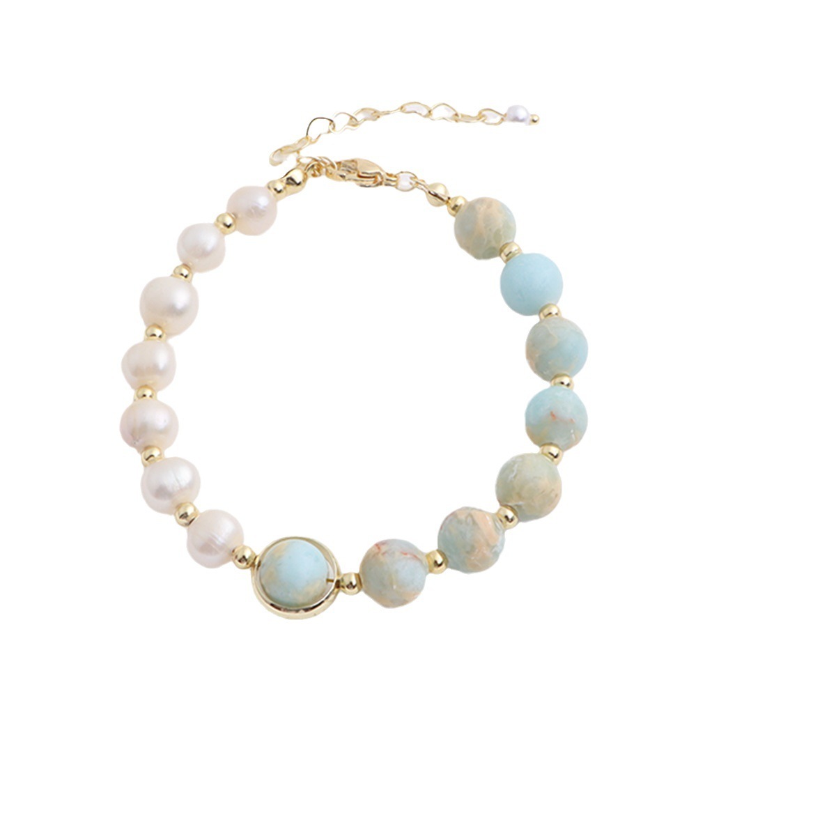 Retro Natural Freshwater Pearl Beaded Bracelet Unique Design TianShan Cuì ShòuShān Stone Bracelet Geometric Pattern Women's Jewelry