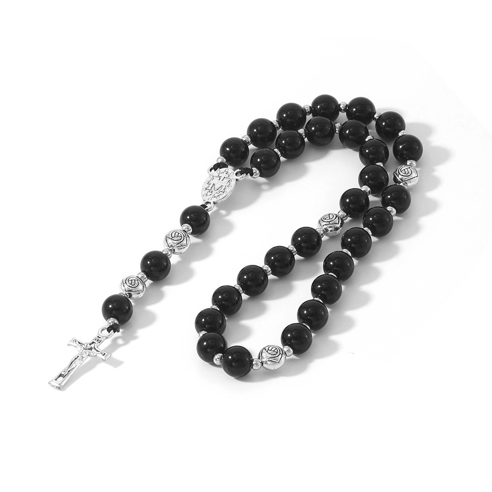 Yiwu Bracelet Wholesale Natural Indian Agate Black Agate Rosary Bracelet Cross Jewelry Handmade Beaded Accessories