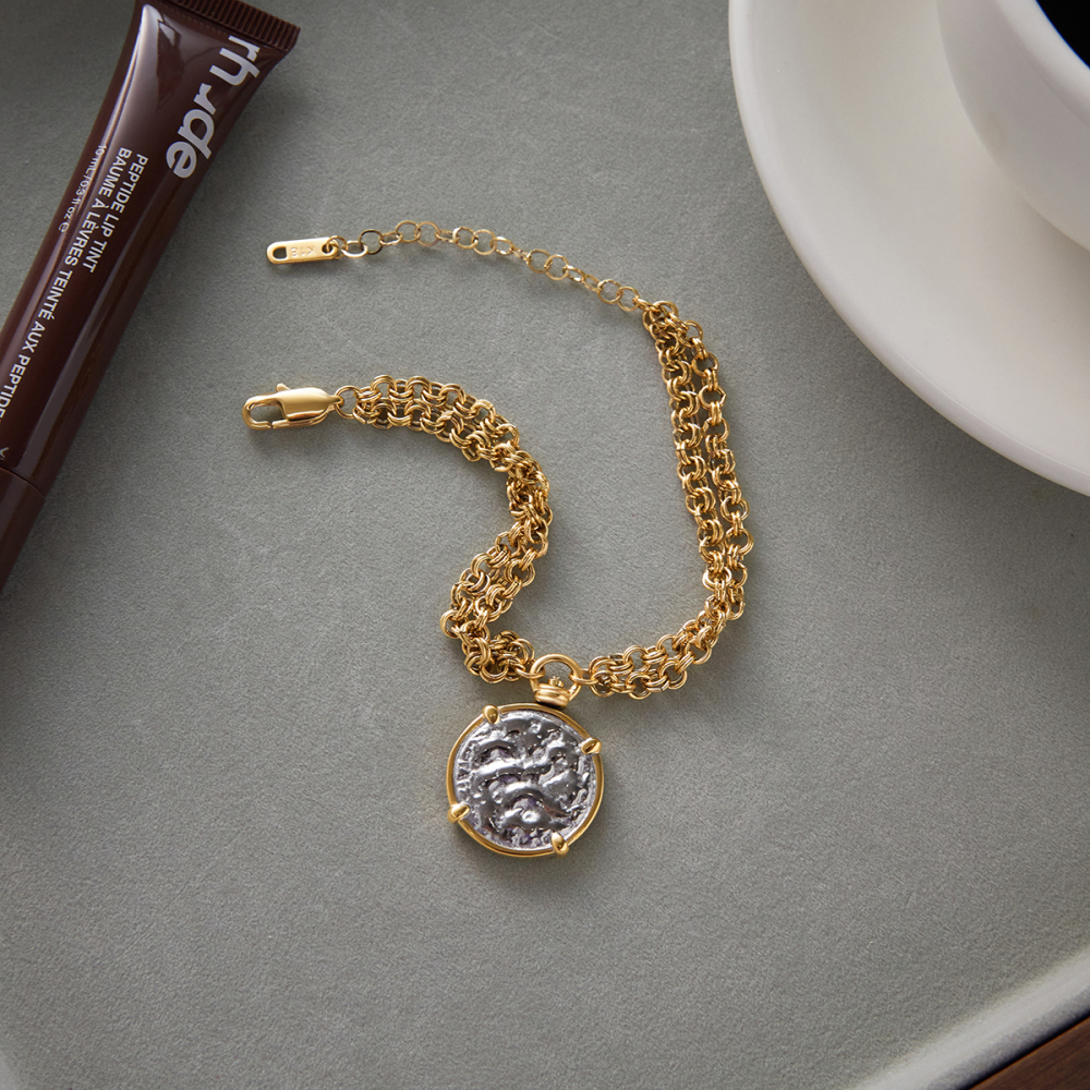 Designer Ladies Classic Style Coin Pendant Stainless Steel Gold And Silver Double Chain Bracelet 18K Gold Plated 18+5cm