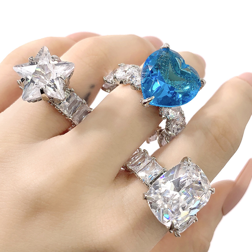 Jewelry Hip Hop Color Zircon Heart-Shaped Ring  18K Gold Plating Platinum Women's Ring  Zhang Yang Atmospheric Trend Female Ring