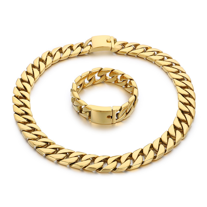 Polished Titanium Steel Bracelet Cuban Chain Necklace Men's High Quality Vacuum Electroplating Jewelry Accessories