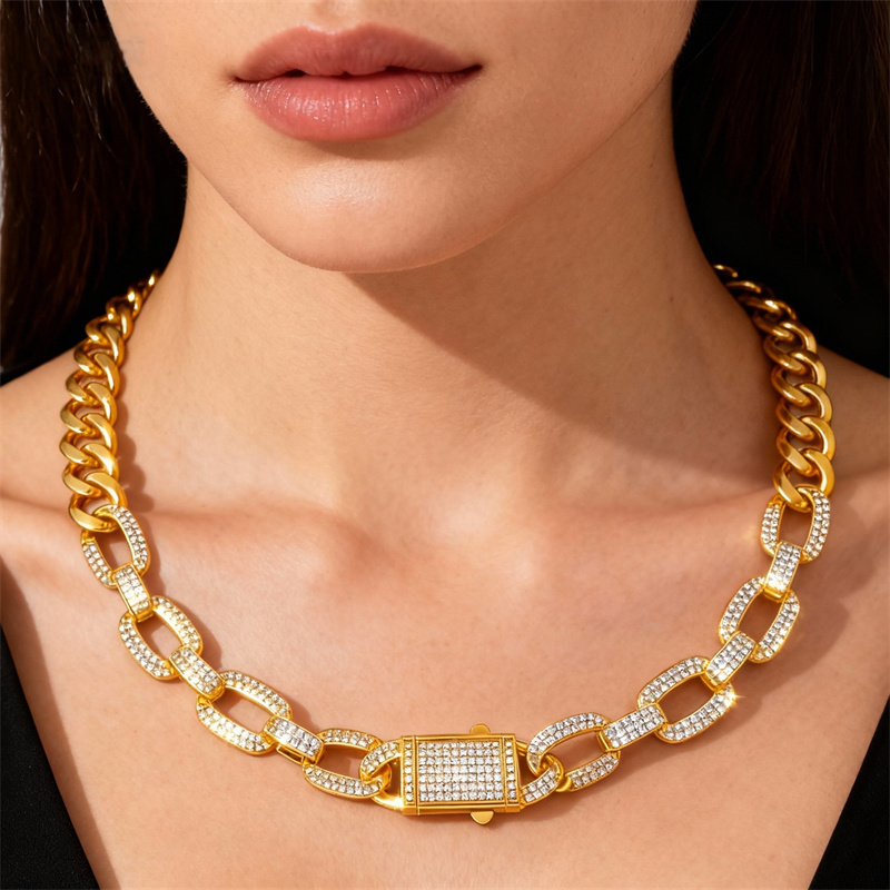 High-Quality Classic Geometric Cuban Necklace With Copper Inlaid Zircon, Suitable For Both Men And Women, Imitation Gold Plated