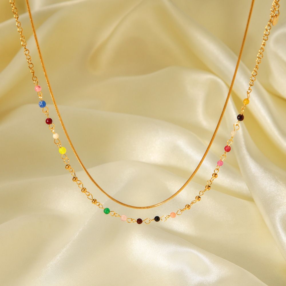 French Double Layer 304 Stainless Steel Necklace Non-Fading Choker Titanium Steel Round Snake Chain Colorful Beaded Chain Bohemian Vacuum Electroplated 18K Real Gold Plated Accessories