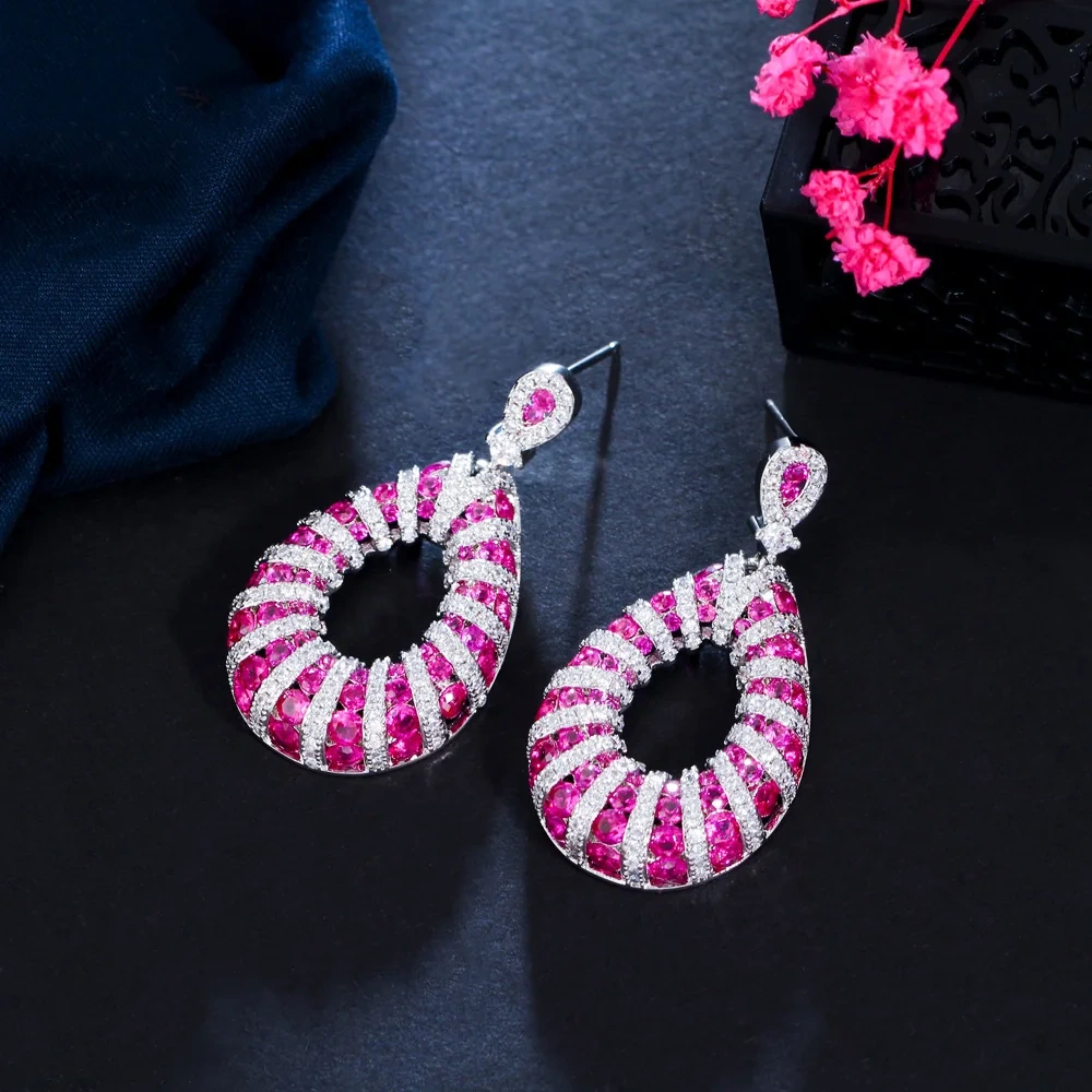 Copper Style Earrings Women Plated White Gold Thick Long Large Round Hoop Dangle Earrings Luxury Zircon Bridal Wedding Jewelry Accessories