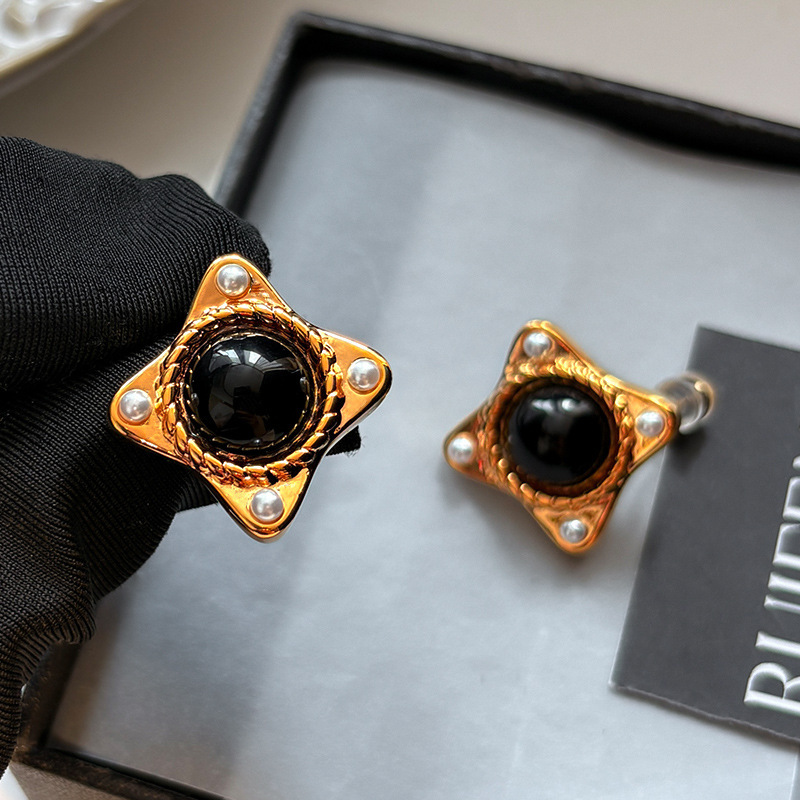 Fashionable Square Black Agate Pearl Stud Earrings Luxury Simple Stylish European Style Women's Jewelry Accessories