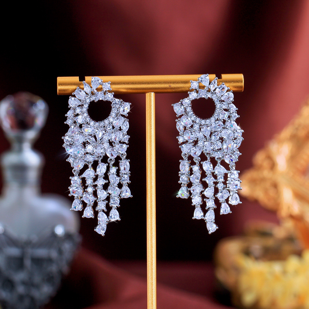 Elegant Long Tassel Zirconium Stone Copper Earrings Wedding Suitable Women's Date Jewelry Accessories Polished Finish