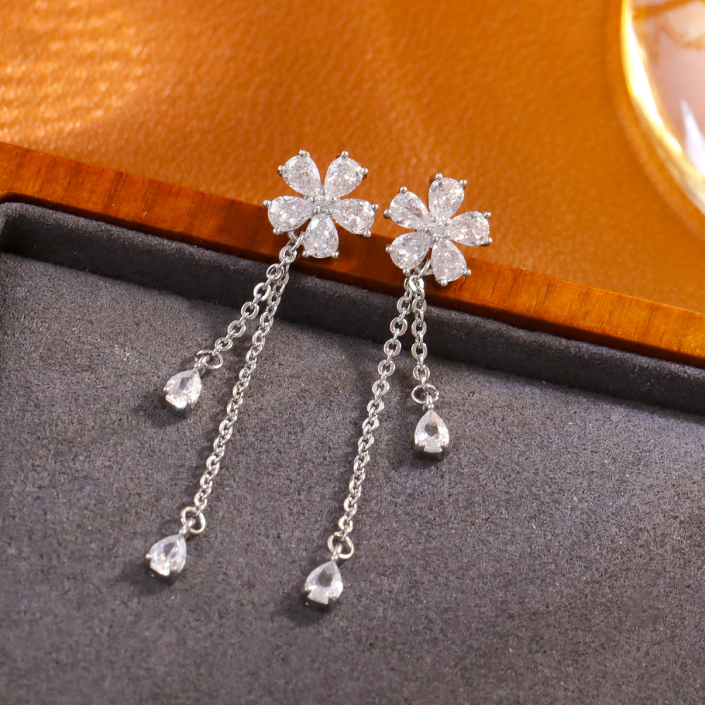 New Luxury Commuter Zircon Flower Earrings Fashionable Elegant Tassel Waterdrop High-End Feelings Women's Jewelry Accessories