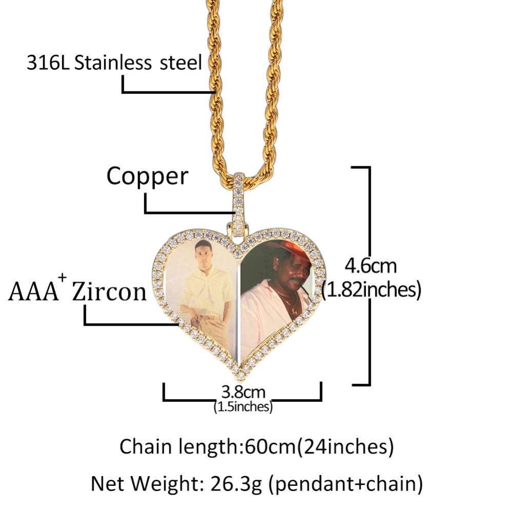 Fashion Hip-Hop Style Pendant Necklace Copper Material Inlaid With Zircon Heart-Shaped Photo Unisex Internet Celebrity Style Jewelry Accessories