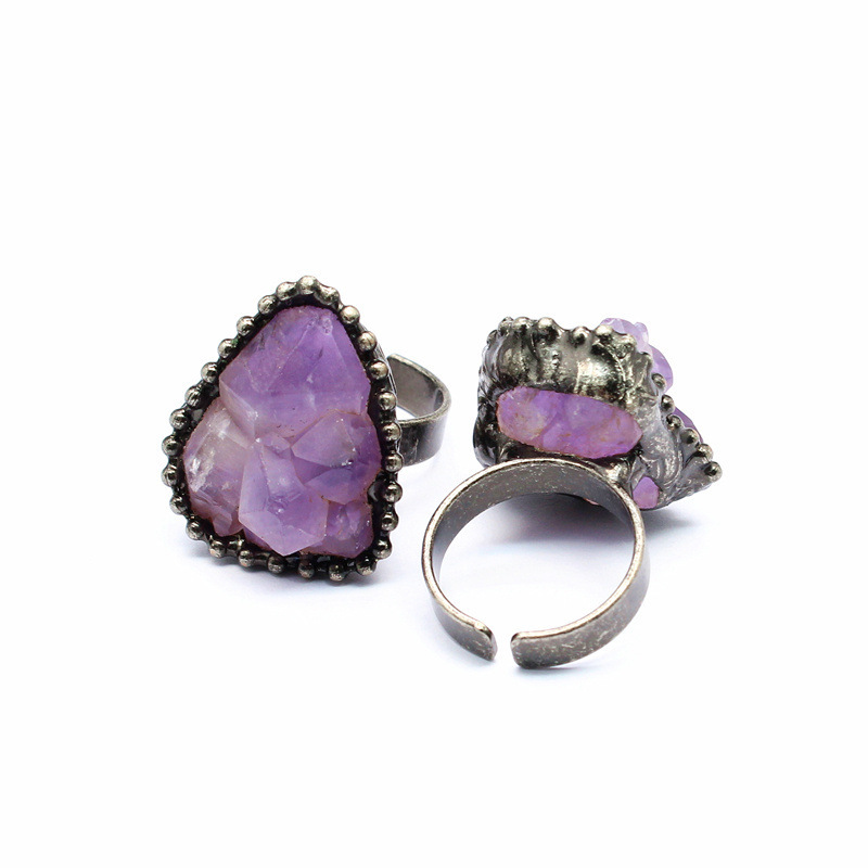 Natural Crystal Flower Ring Open Unshaped Raw Stone Ring Vintage Style Jewelry Crystal Accessories Fashionable Handmade Ring