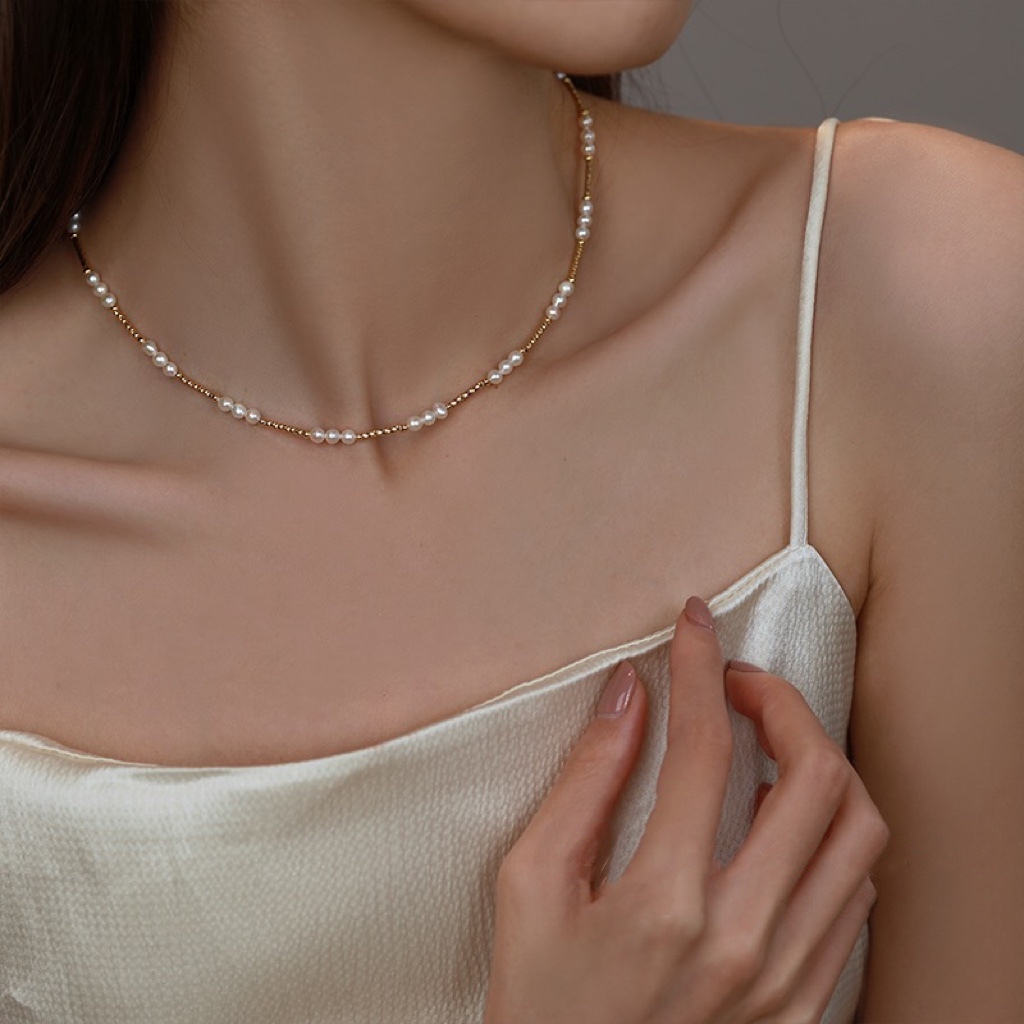Natural Freshwater Pearl Necklace For Women Baroque Design Dainty Clavicle Chain Spacer Beads Small Rice Beads Elegant Jewelry