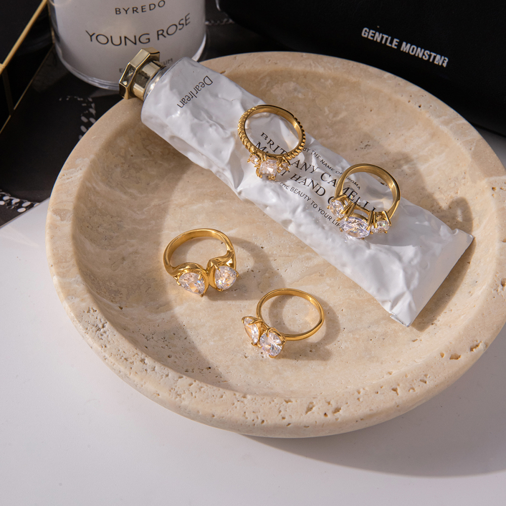 Women's Classic Style 18K Gold Stainless Steel + Zircon White Water Drop Zircon Ring Size 7