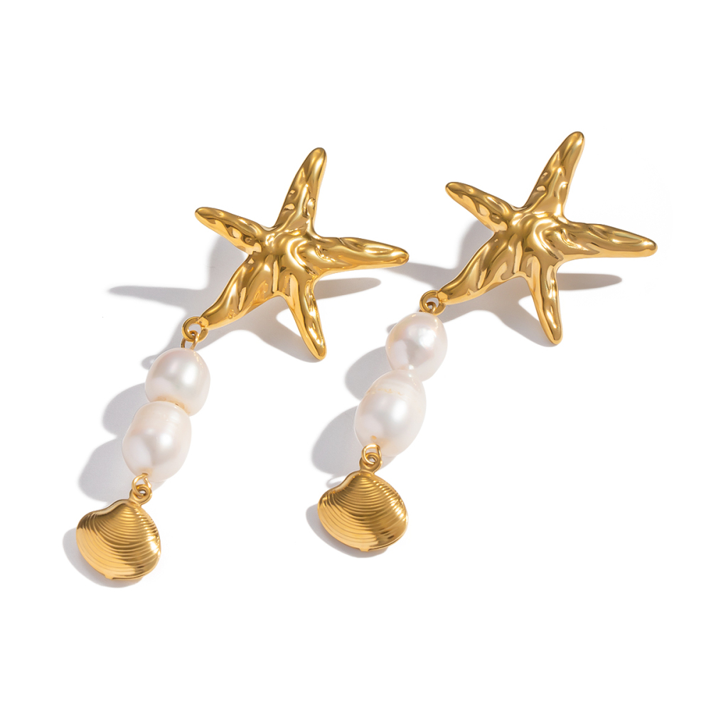 Ocean Wind Starfish Natural Freshwater Pearl Tassel Earrings Casual Stainless Steel Non-fading Accessories For Girls