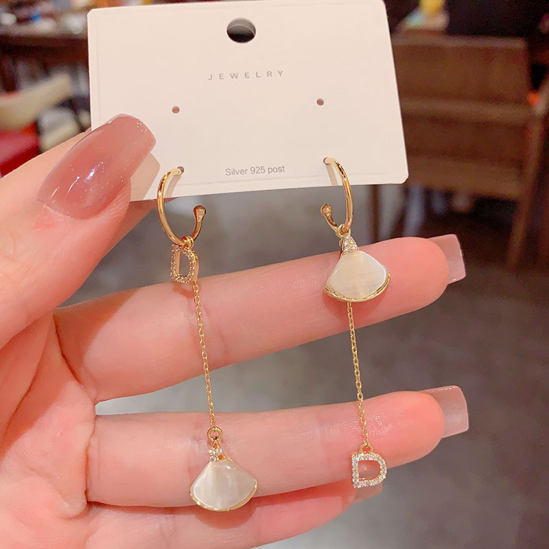 Asymmetric Cat's Eye Stone Earrings Long Women's Elegant Fashion Trend  Geometric Pattern 925 Silver Needle Copper Plated Real Gold