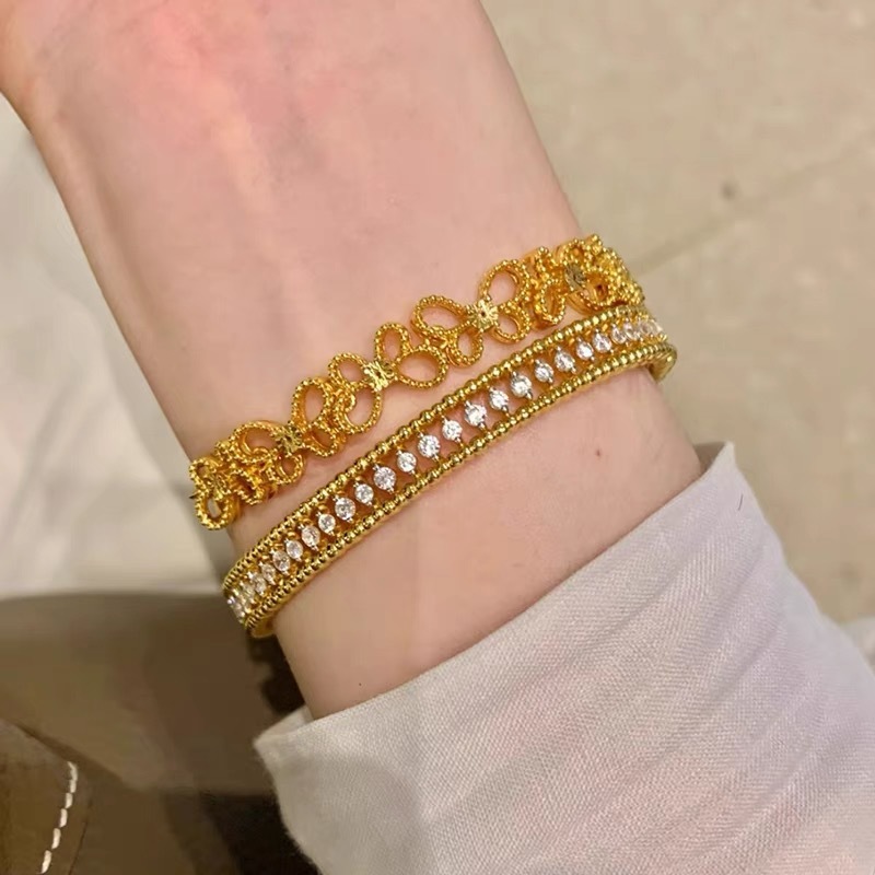 Vintage Full Diamond Dewdrop Bracelet New Chinese Style Gold Open High-end Versatile Copper Bracelet Modern Style Jewelry Accessories