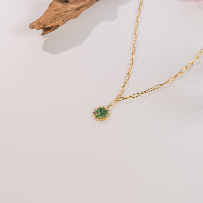 Bohemian Style Gold-Plated Sun 304 Stainless Steel Titanium Steel Necklace Natural Stone Round Pendant Luxurious Simple Women's Jewelry Accessories