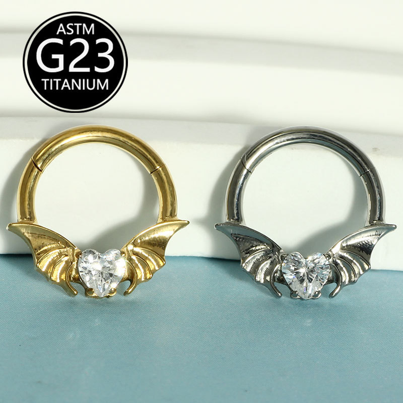 Fashion Bat Nose Ring G23 Titanium Metal Heart-Shaped Zircon Ear Bone Stud Jewelry Nose Clip Exquisite Wedding Birthday Festival Accessories