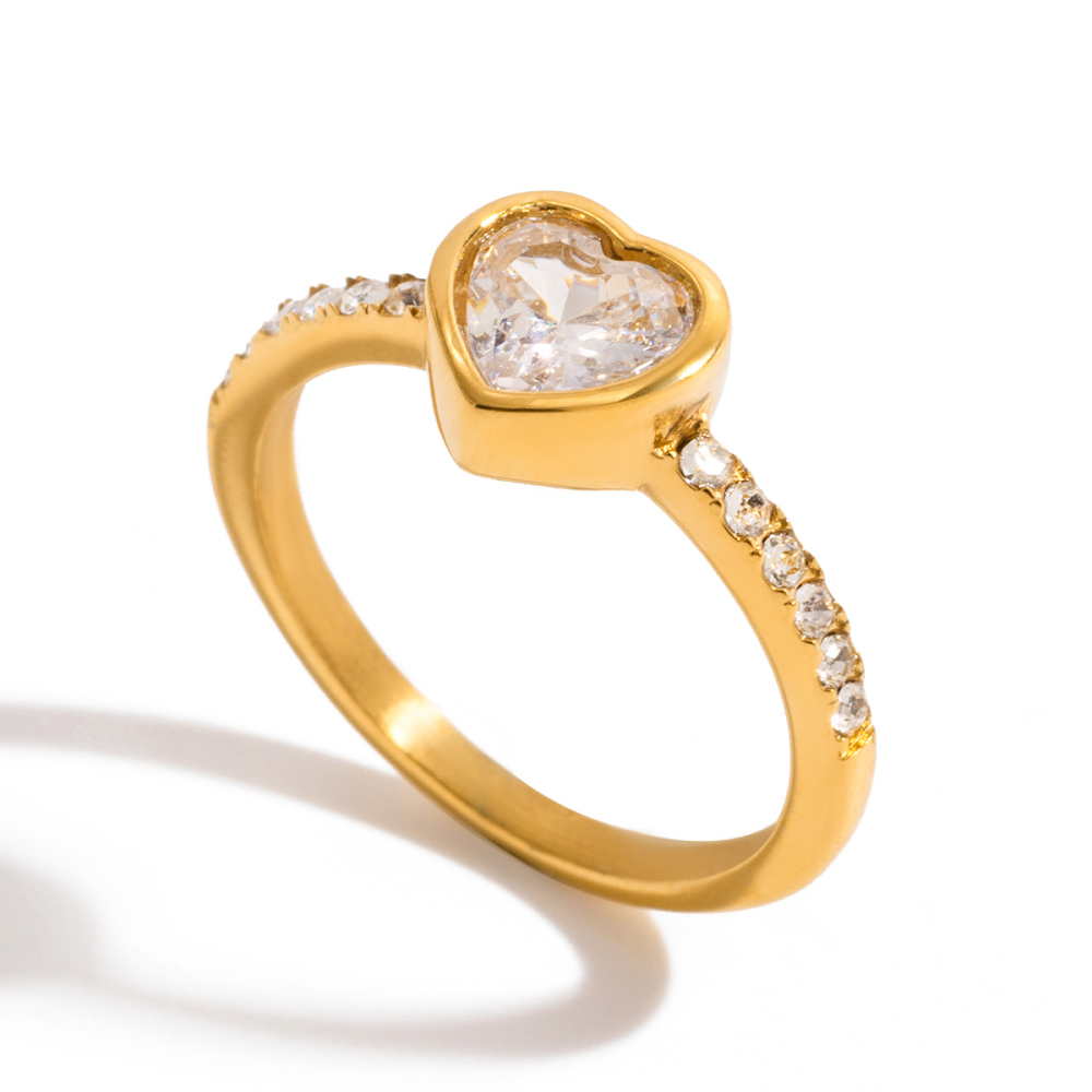 Women's Classic Style 18K Gold 304 Stainless Steel + Zircon Heart White Zircon Ring Size 7