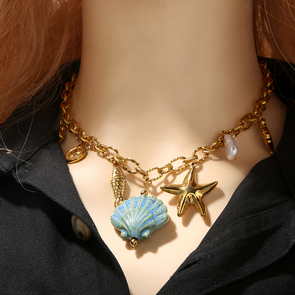 Waterproof Stainless Steel Fan Shell Necklace Women's Vacation Beach Holiday Starfish Pendant High-End Feeling Jewelry
