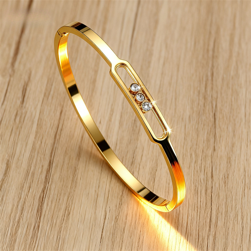 18K Plated Movable Stone Inlaid Women's Fashion 304 Stainless Steel Geometric Rhinestone Bracelet