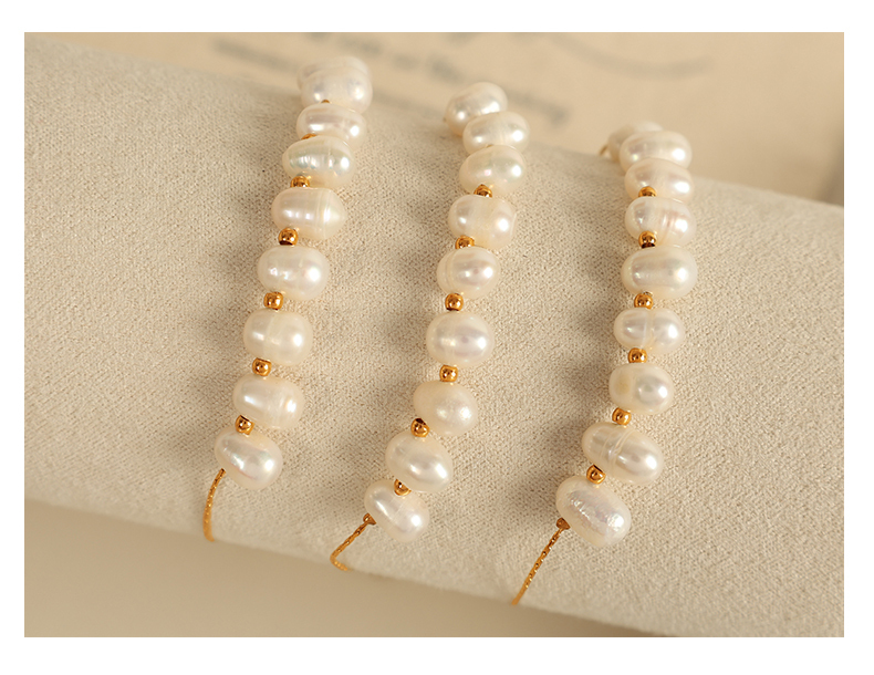 Women's 304 Stainless Steel Ion Plating (IP) 18K Gold Plated Beaded Polishing Plating Oval Freshwater Pearl Bracelets Imitation Pearl Jewelry