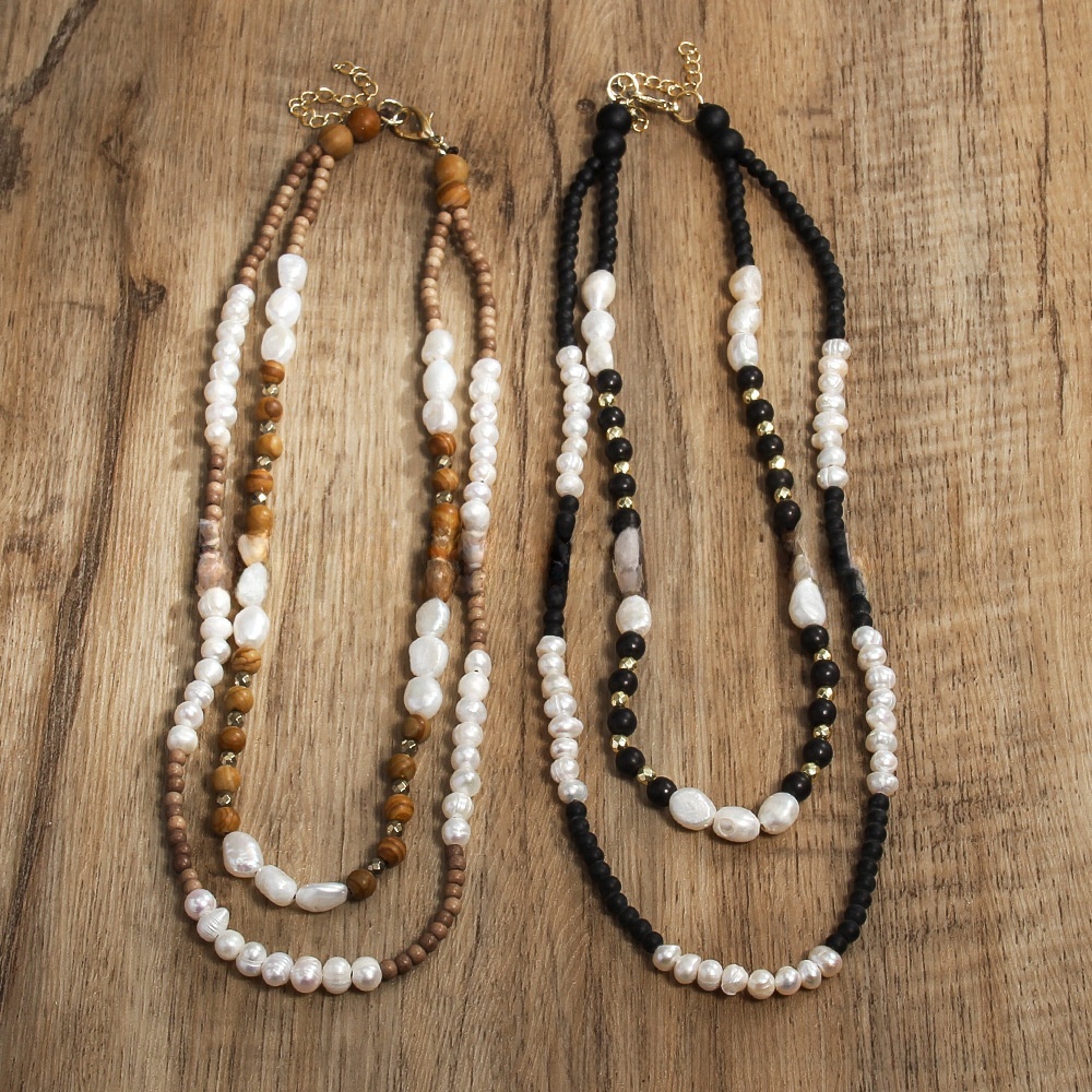 Bohemian Style Irregular Natural Stone Pearl Necklace Black Brown Geometric Pattern Handmade Women's Jewelry Accessories