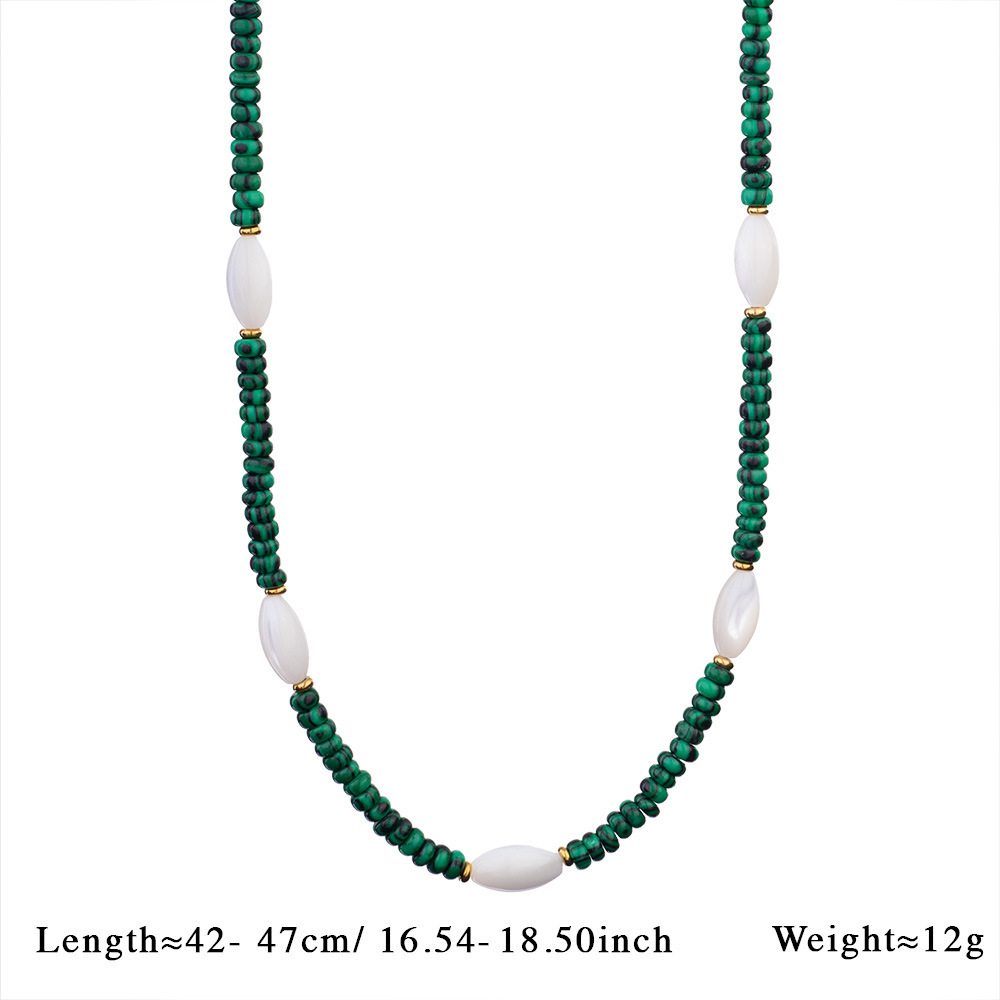 Vacation Classic Style Round Imitation Pearl Malachite Titanium Steel Beaded Chain Necklace In Bulk