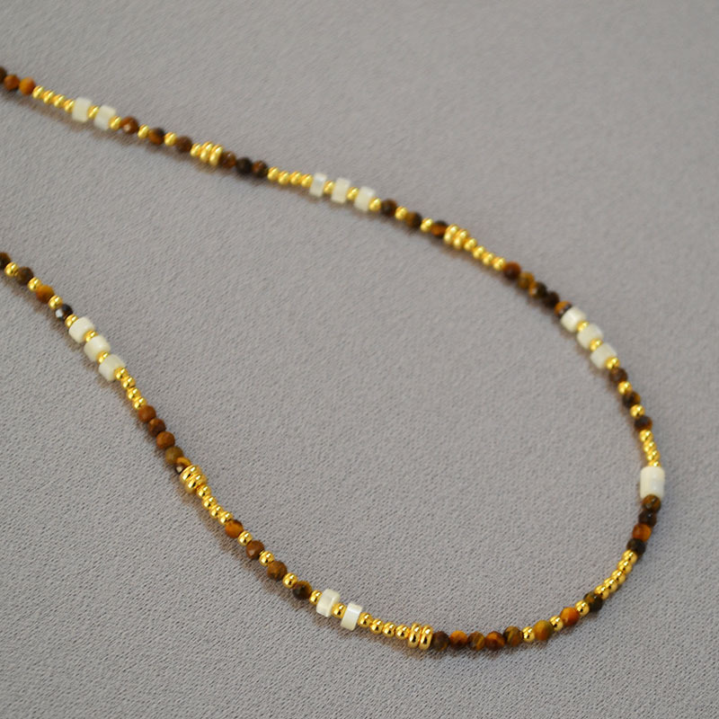 French Vintage Design Shell Beads Tiger Eye Stones Necklace Collarbone Chain Women Simple Elegance Jewelry Accessories