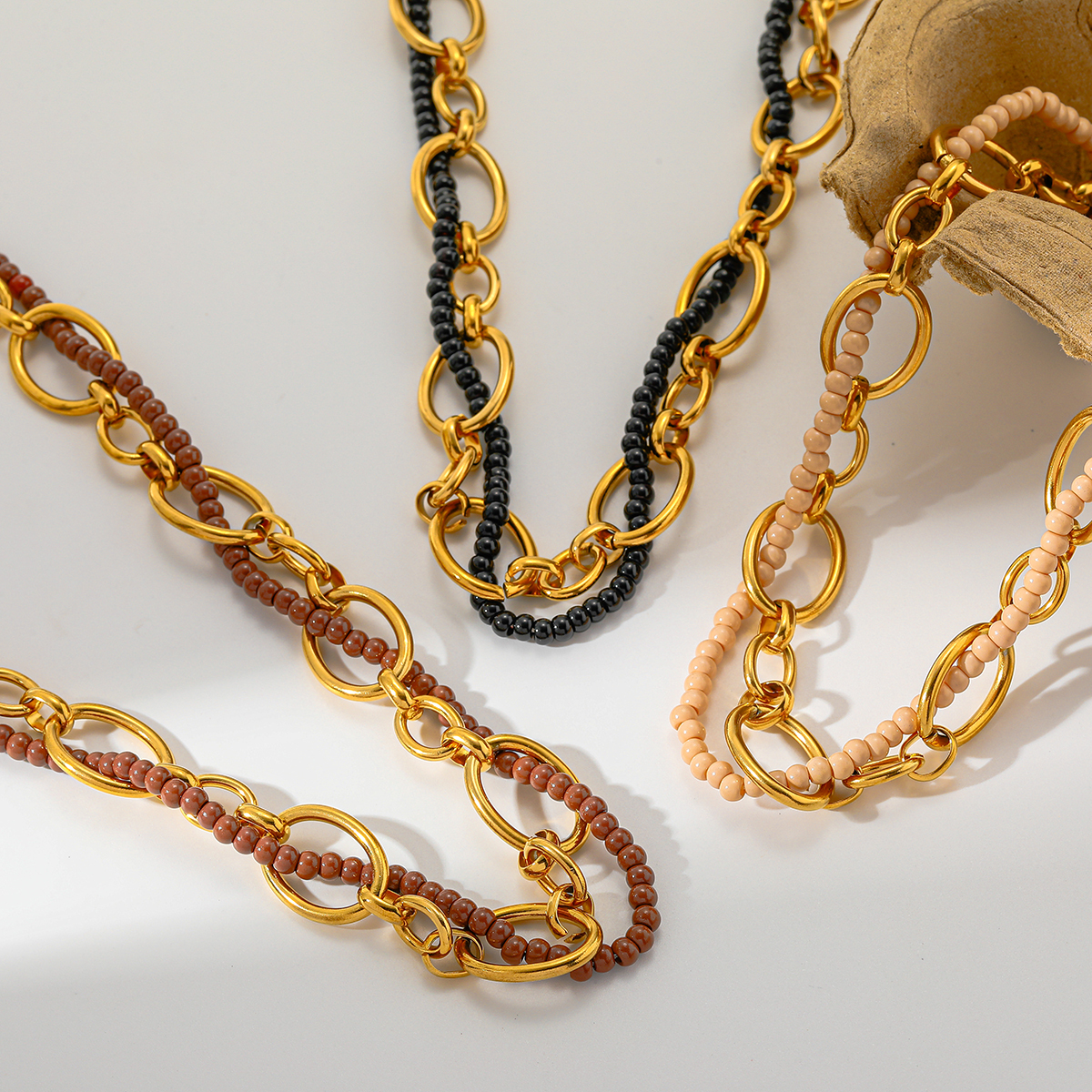 Simple Design 18K Gold Plated Stainless Steel Rice Bead Round Beaded Necklace Casual Romantic Classic Style Lobster Clasp