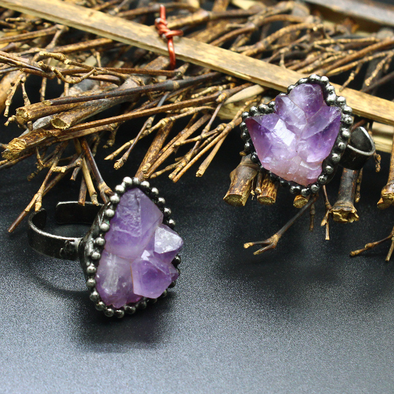 Natural Crystal Flower Ring Open Unshaped Raw Stone Ring Vintage Style Jewelry Crystal Accessories Fashionable Handmade Ring