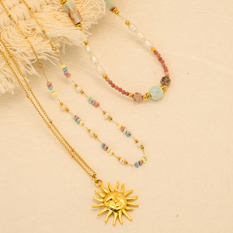 New Natural Stone Beaded Necklace Layered American Retro Jewelry Fashion French Vacation Fashion Women's Stainless Steel Material