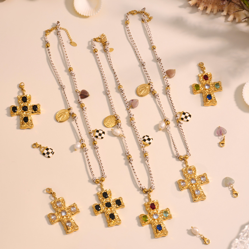 Stainless Steel Cross Pendant Necklace With Multiple Accessories Natural Stone Long Necklace Jewelry For Women Elegant And Glowing
