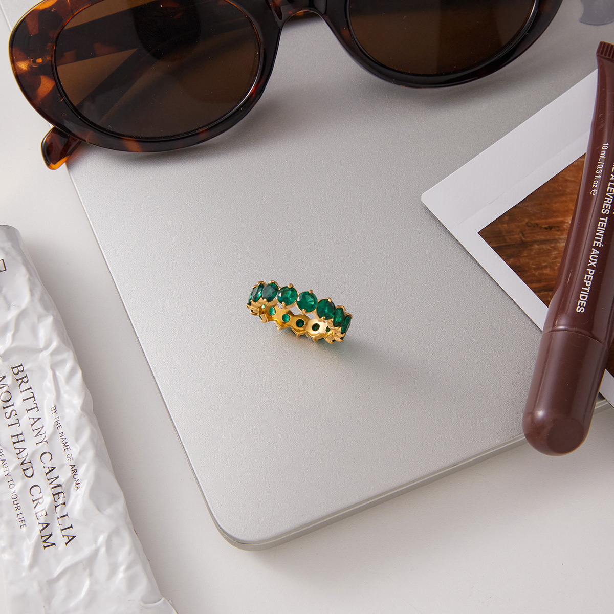 Women's Classic Style 18K Gold Stainless Steel + Zircon Stone Inlaid Green Round Zircon Ring Size 7