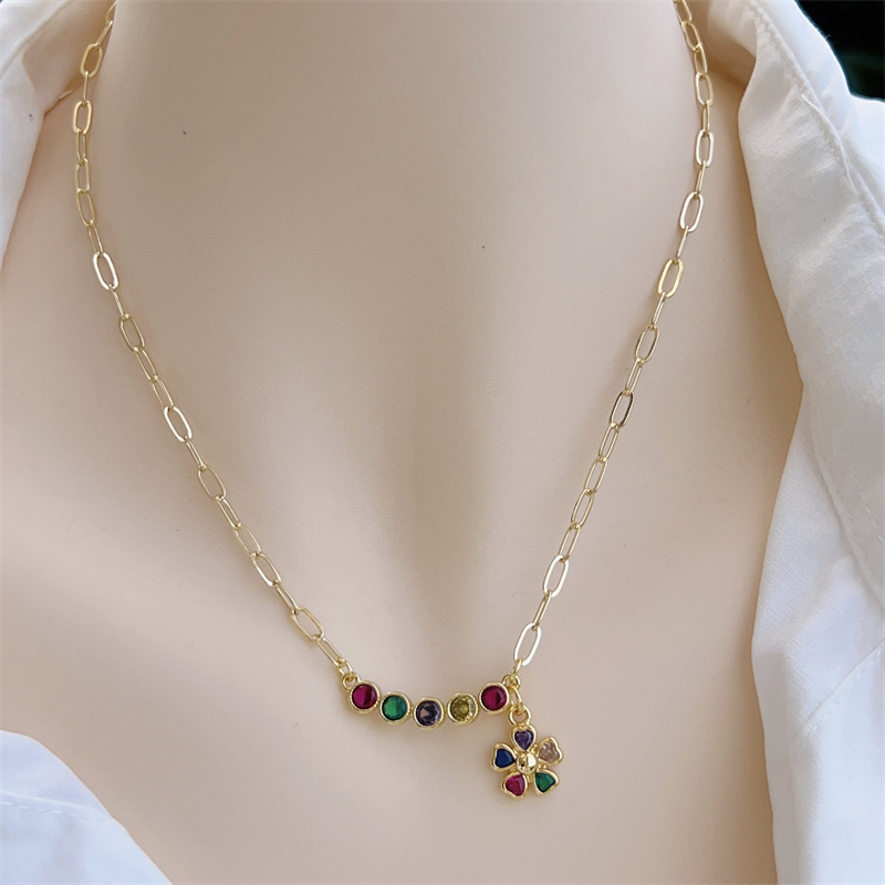 18K Gold Plated Handmade Double Pendant Flower Zircon Necklace Classic Simple Style Daily Wear Gift Copper Pendant Lobster Clasp