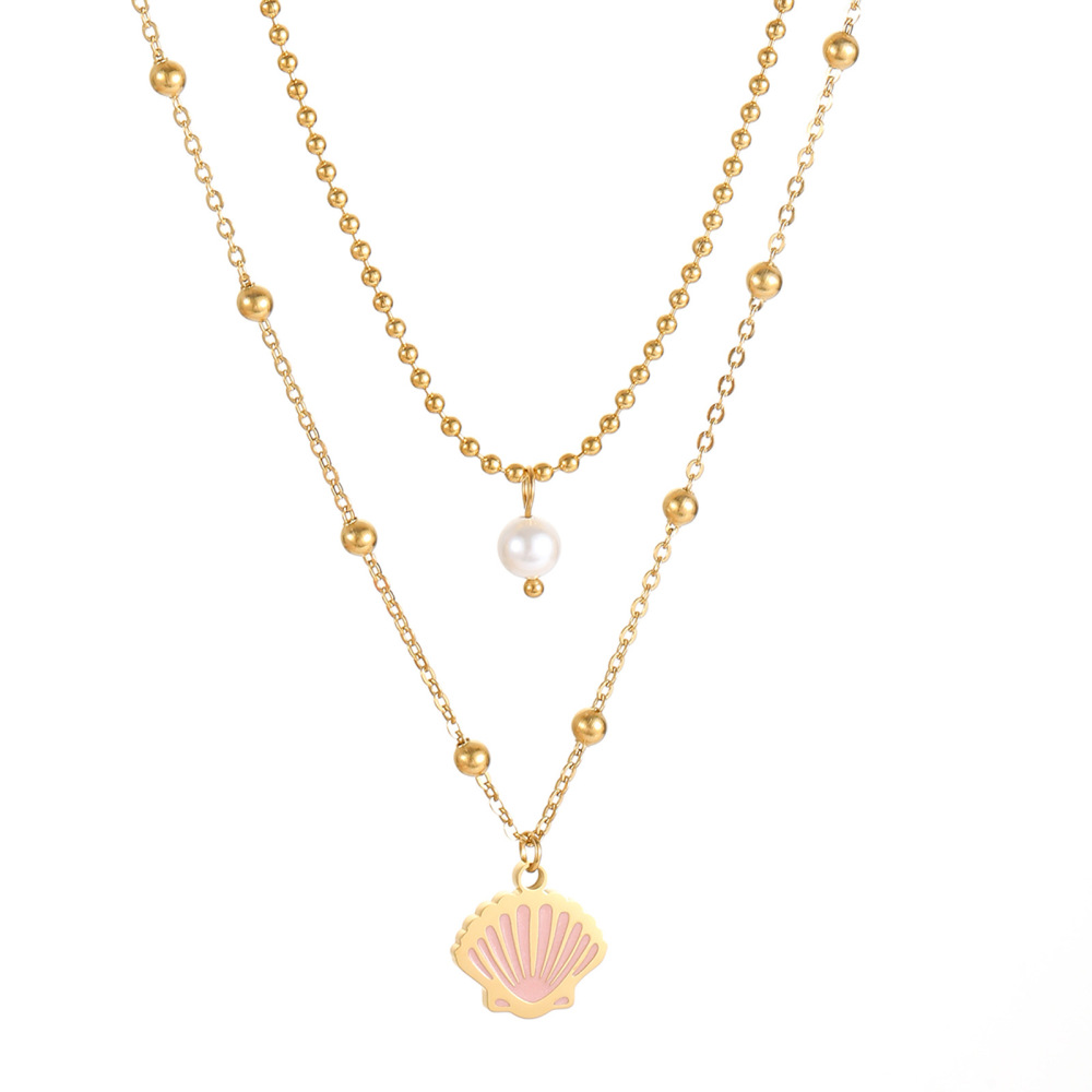 Two-Layer Oregon Drip Oil Cartoon Penguin Pearl Necklace Shell Sea Turtle Fish Ocean Animal Jewelry Accessories Stainless Steel