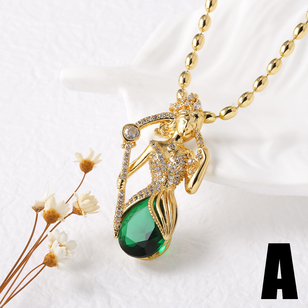 AS Jewelry Cross-Border Hot Selling Micro Pave Zircon Copper Plated 18K Gold Mermaid Pendant Necklace Clavicle Chain For Women Nkb140