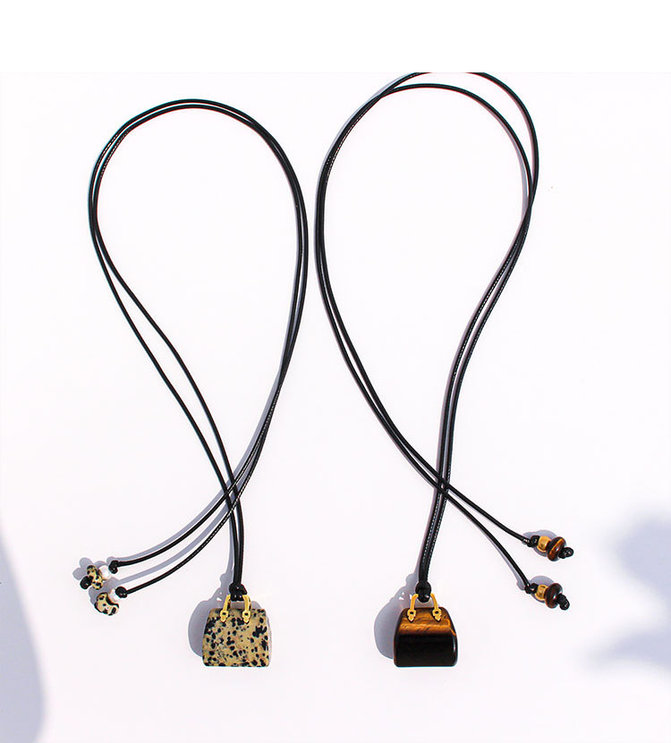 Natural Spotted Tiger Eye Stone Pendant Leather Rope Casual Long Necklace Adjustable Self-tying Sweater Chain Fashionable Ladies Holiday Style Accessories