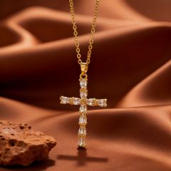 X0833 [Copper Pendant] Water Drop Diamond Cross Necklace - Gold