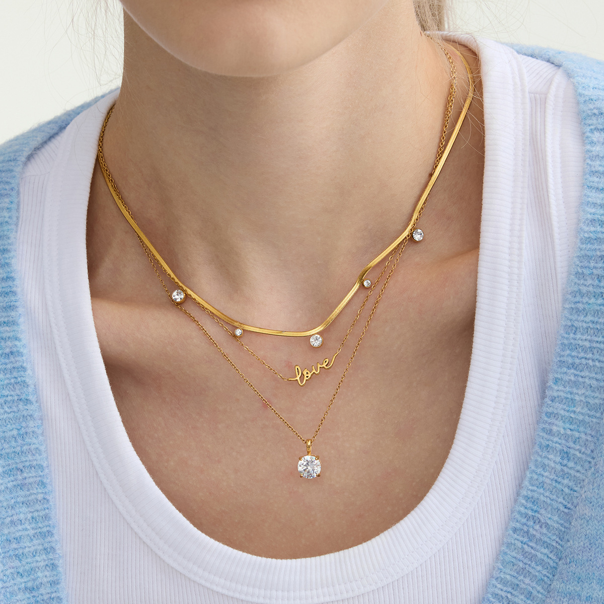 New 18K Zirconia Necklace Women's Stainless Steel Fashion Jewelry Non-fading Geometric Pattern Luxury European Style Pendant Chain