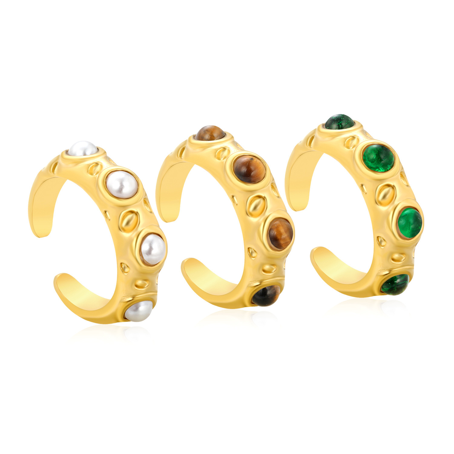 New Irregular Hammered Inlaid Emerald Cat's Eye Stone Ring For Women Luxurious Simple Fashion Open Ring Jewelry