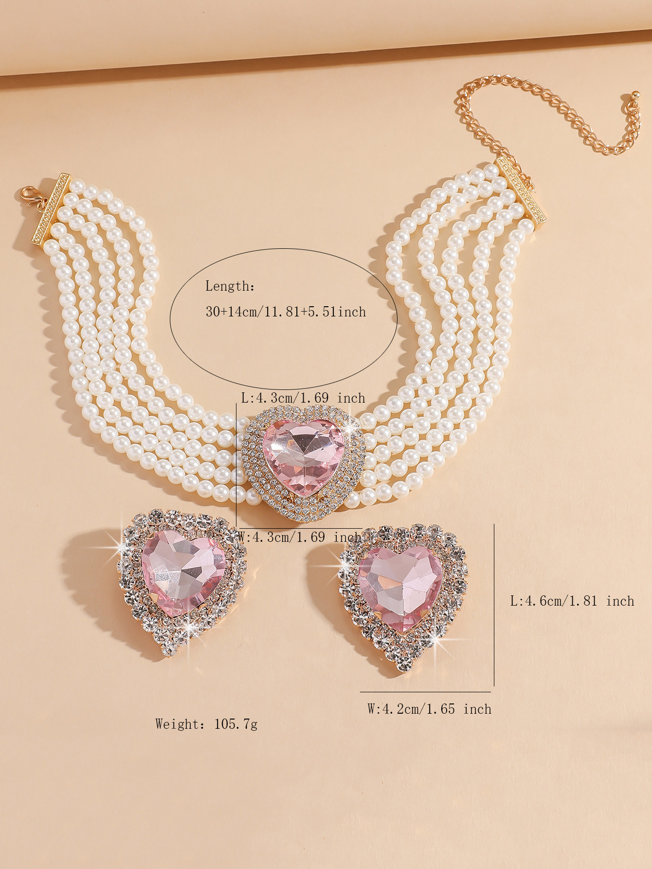 1 Set Glam Luxurious Lady Geometric Heart Shape Artificial Crystal Imitation Pearl Copper Inlay Artificial Crystal Women's Beaded Chain Jewelry Set